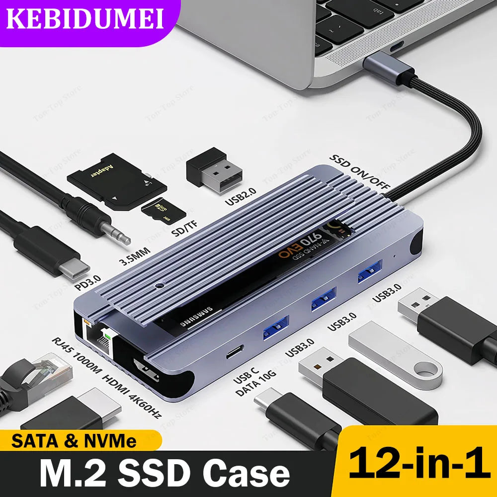 12-in-1 USB C Docking Station M.2 SSD Enclosure USB C HUB TYPE C to HDMI Adapter 4K60Hz 1000Mbps PD100W USB3.0 5Gbps For Macbook