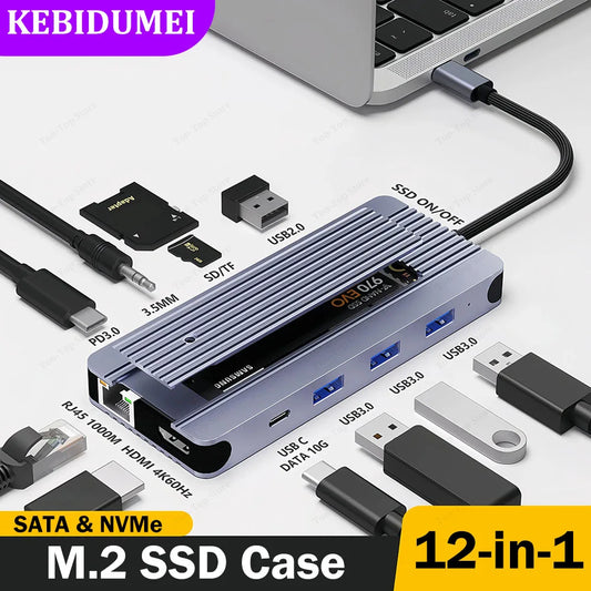 12-in-1 USB C Docking Station M.2 SSD Enclosure USB C HUB TYPE C to HDMI Adapter 4K60Hz 1000Mbps PD100W USB3.0 5Gbps For Macbook