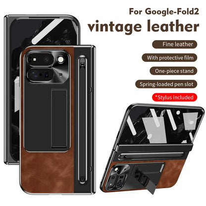 Folding Screen Luxury Retro Leather Phone Case For Google Pixel 9pro Tempered Glass Front Film Pen Slot Phone Cover