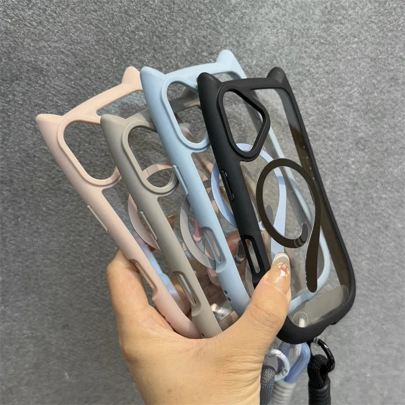 Cute Cat Ear Magsafe Case for iPhone 13 14 15 16 Pro Max 11 12 15 16 Plus Transparent PC TPU Armor Cover with Wrist Strap Chain