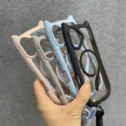 Cute Cat Ear Magsafe Case for iPhone 13 14 15 16 Pro Max 11 12 15 16 Plus Transparent PC TPU Armor Cover with Wrist Strap Chain
