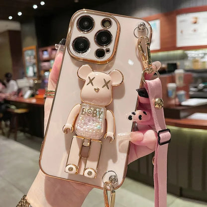 Plating Cover Quicksand Bear Stand Bracelet Strap Lanyard Phone Case For iPhone 15 14 13 12 11 Pro Max 7 8 Plus Phone Case