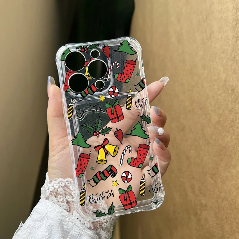Cartoon New Year Christmas Santa Clear Phone Case for Samsung Galaxy S25 Ultra S24 FE S23 S22 S21 S20 Plus Wallet Card Bag Cover