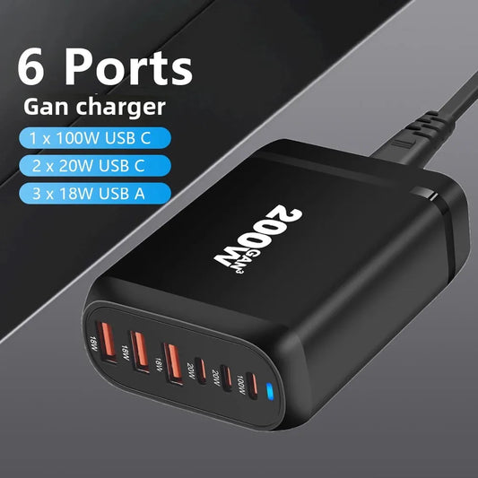 200W GaN Charger USB C Charger Multi-Ports Charging Station For MacBook iPhone Samsung iPad Type C PD Charger Quick Charge 3.0