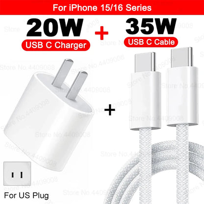 US EU Adapter 20W PD Fast Charger For iPhone 13 12 11 14 15 16 Pro Max Plus Fast Charging USB C Charger Type C Cable Accessories