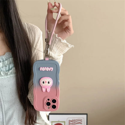Cartoon Cute Animals Gradient Wavy Soft Phone Case with Wrist Strap For iPhone 16 Pro Max 16e 15 14 Plus 13 12 11 X XR XS 7 8 6