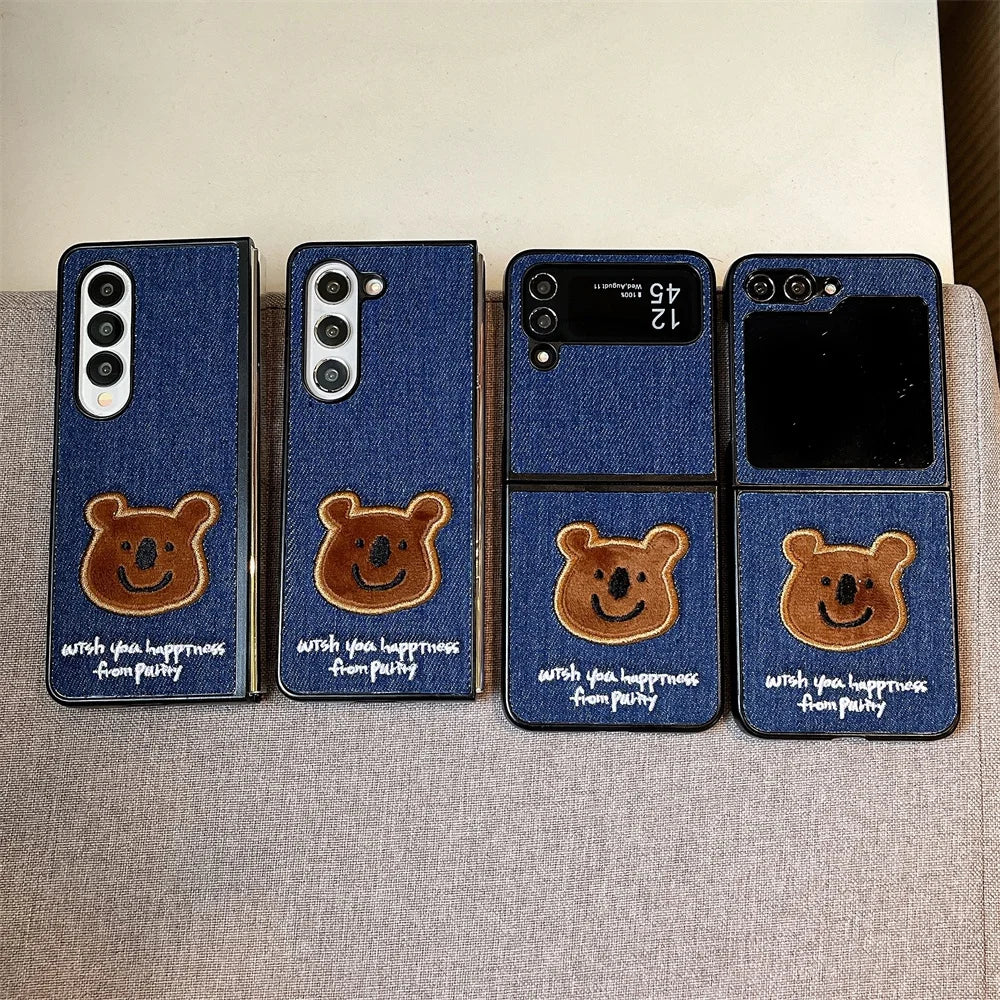 Embroidery Rabbit Bear Cloth Fabric Phone Case For Samsung Galaxy Z Fold & Z Flip 7 6 5 4 3 Hard Protection Shell
