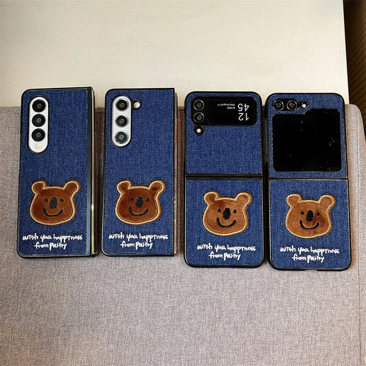 Embroidery Rabbit Bear Cloth Fabric Phone Case For Samsung Galaxy Z Fold & Z Flip 7 6 5 4 3 Hard Protection Shell