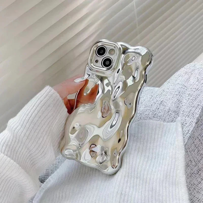 Luxury Plating Wrinkle Wavy Curly Edge Phone Case For iPhone 16 15 12 13 14 Pro Max 3D Unevenness Soft Camera Protection Cover