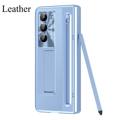 With Touch Pen For Samsung Galaxy Z Fold 7 6 5 4 3 TriFold Case Leather Plating Hinge 360 Full Screen Protector Folding Cover
