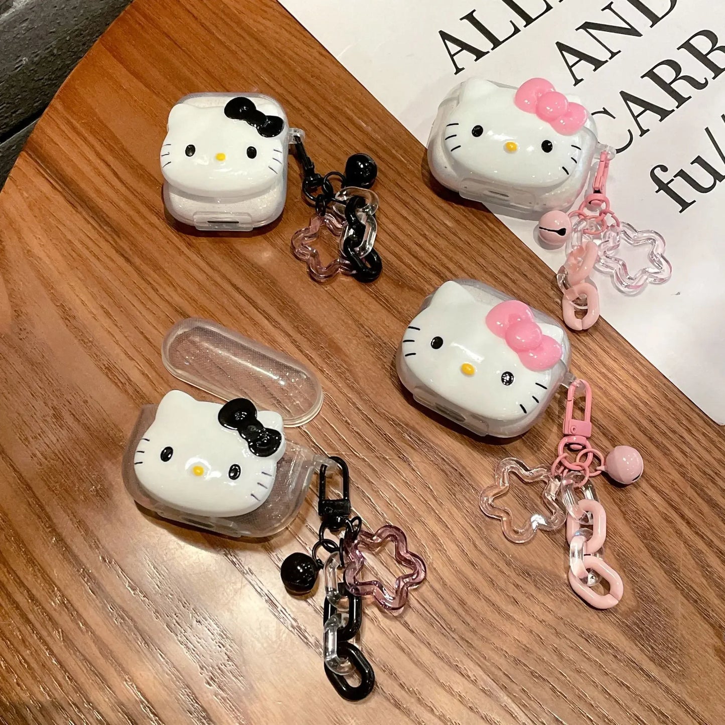 Cute Pink Black Hello KT Cat Cover for AirPods 4 Cartoon Earphone Case for Airpods Pro2 Pro 3 2 1 Protective Cover with Keychain