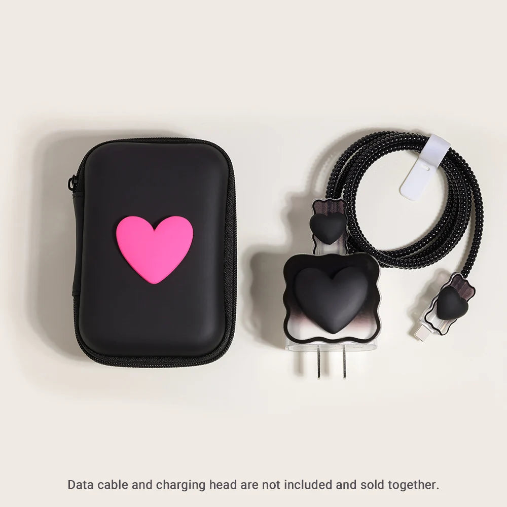 6PCS 3D Love Heart Silicone Charger Cable Protector Case Storage Bag For iPhone 20W 18W Charging Head Protective Cover Organizer