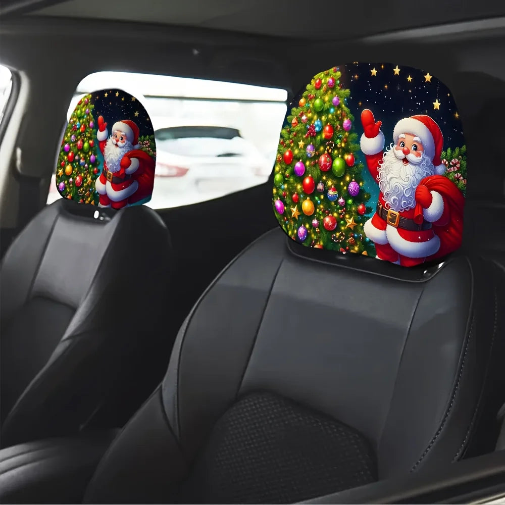 2 pieces of Christmas tree and Santa Claus patterned car headrest covers, holiday gifts, retractable and washable