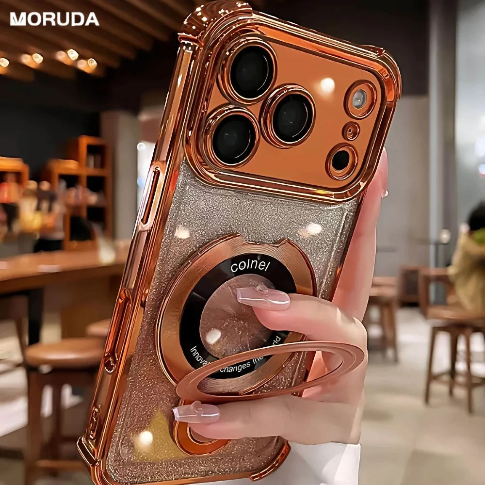 Plating for Magsafe Glitter Bracket Case for iPhone 17 16 15 Pro Max 14 Plus Air 11 12 13 Gradient Stand Airbag Shockproof Cover