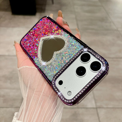 Luxury Diamond Love Heart Mirror Phone Case for iPhone 17 Air 16 15 14 13 Pro Max 17Pro Girls Gradient Shiny Plating Soft Cover