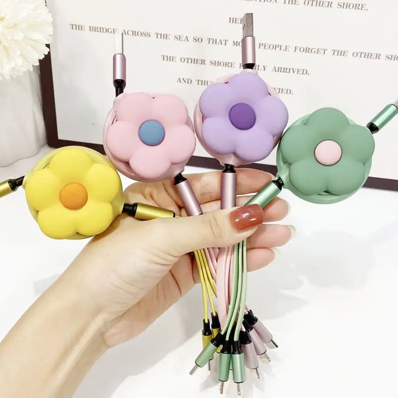 MINISO Cute flowers Retractable Fast Charging Cable Phone Interface For iphone  Android TYPE-C 3-in-1 mobile phone data cable