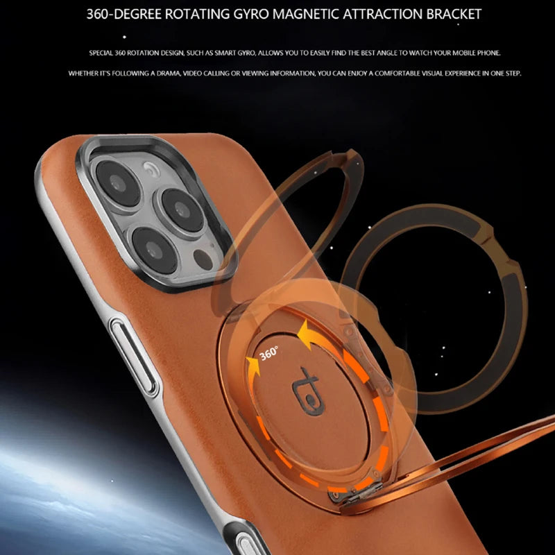 For Magsafe Magnetic 360°Rotating Car Bracket Ring Leather Phone Case For iPhone 16 Pro Max 14 11 12 13 15 Pro Max Bumper Cover