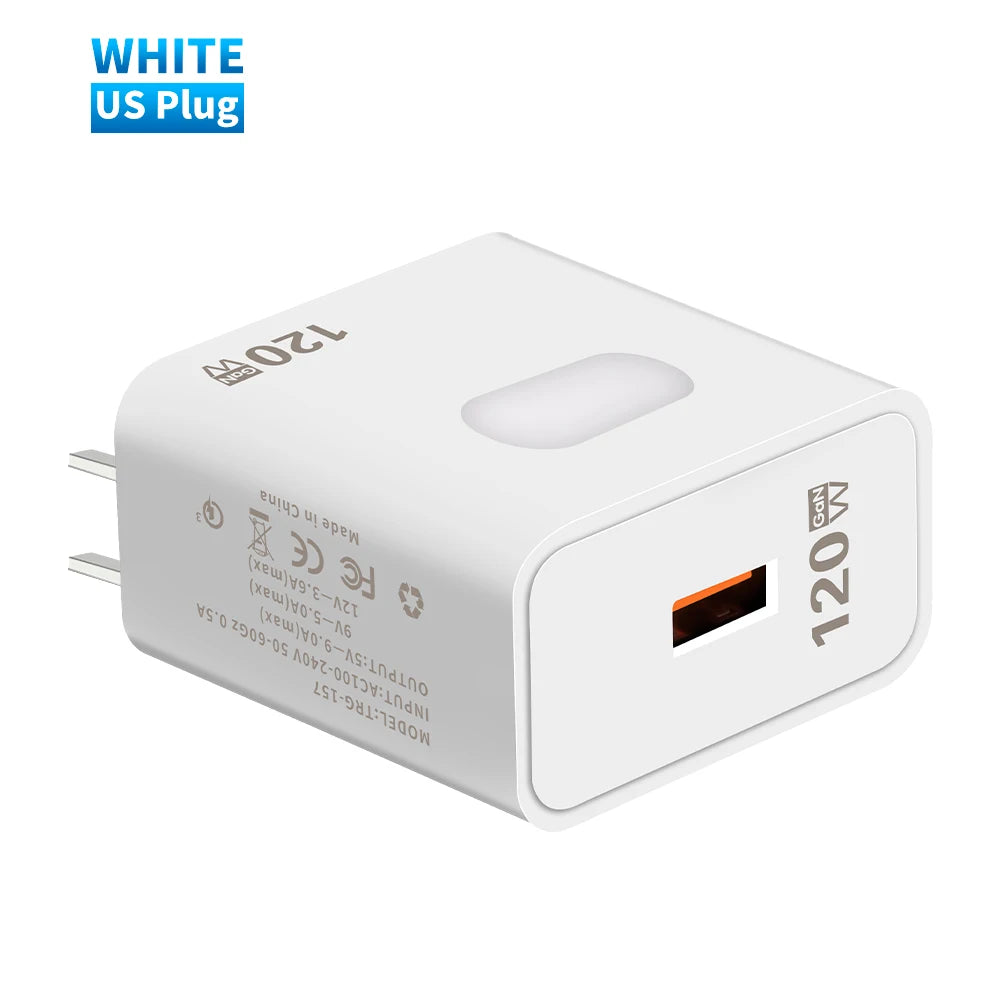 USB QC3.0 GaN Charger 120W Fast Charging Wall Charger EU/US Plug Quick Charge Mobile Phone Adapter for iPhone 16 Xiaomi Samsung