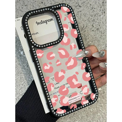 Pink Black Leopard Print Diamond Inlaid Frame Plain Case for iPhone 16 15 14 Plus 13 12 11 Pro Max Acrylic Silicone Hard Cover