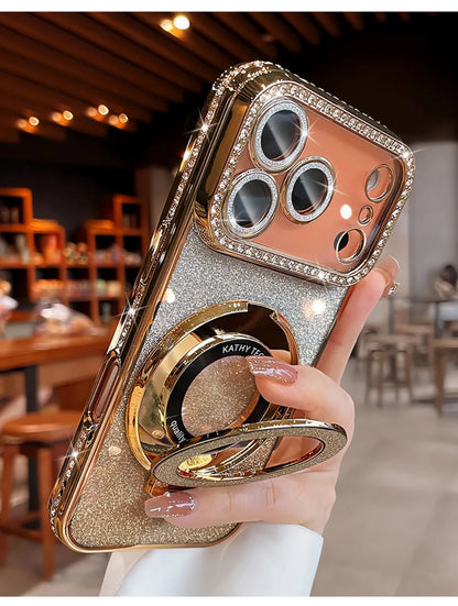 Suitable for iPhone17/16/15/14/13/12/11 Case With Lens Film 16 Anti-drop 15 Rhinestone Glitter Magnetic Stand