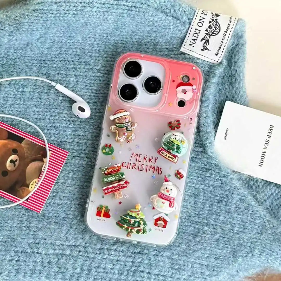 Korean Cute Christmas Tree Santa Claus Gingerbr Phone Case For iPhone 17 16 15 14 Pro Max Lovely Snow Girl Gift Cover
