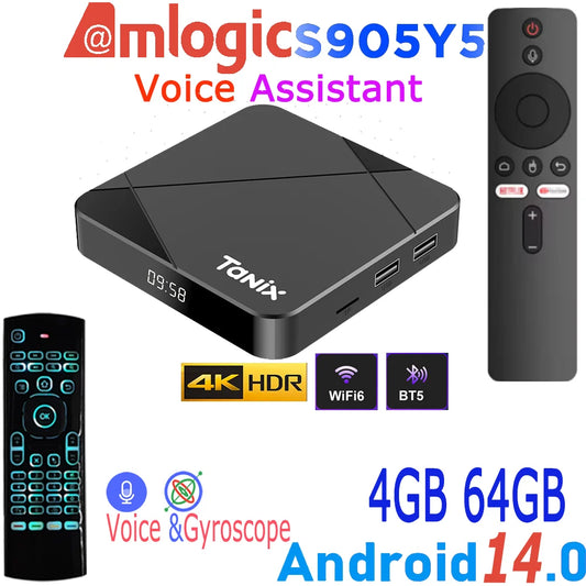 TANIX TX5 Amlogic S905Y5 Android14.0 4K Video LAN Wifi6 BT5.0 Voice Assistant Remote Control Game Media Stick Smart TV Box