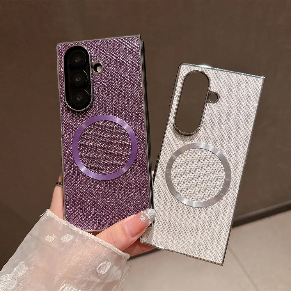 Luxury Magnet Magnetic Mini Diamond Glitter Phone Case For Samsung Z Fold 7 6 5 4 3 For Magsafe Wireless Charging Plating Cover