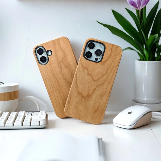 Phone Case for iPhone 16 Pro Max Plus,made of High Quality Cherry and TPU,Natural Wood Grain,Shockproof Design Protective Case