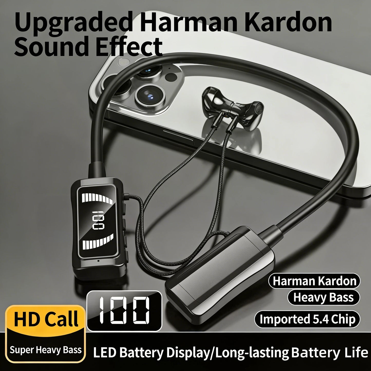 Wireless Bluetooth neckband headphones with digital display function, large-capacity semi-in-ear sports stereo headphones