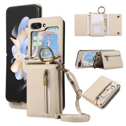 Crossbody Zipper Cards Solt Wallet Leather Case For Samsung Galaxy Z Flip 7 FE 6 5 4 Ring Holder Triple Fold Lanyard Stand Cover