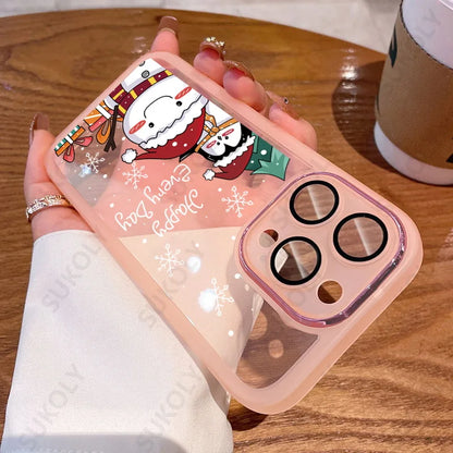 Christmas Case For iPhone 15 14 Pro Max 12 13 Pro Max 11 16 Luxury Lens Protector Shockproof Soft Cover Santa Claus Elk Snowman