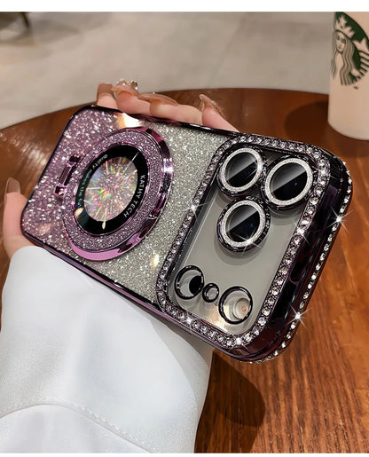 Suitable for iPhone17/16/15/14/13/12/11 Case With Lens Film 16 Anti-drop 15 Rhinestone Glitter Magnetic Stand