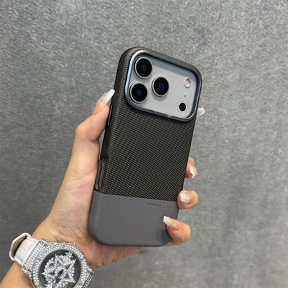 Alloy Lens Splice Leather Texture MagSafe Armor Case For iPhone 17 17Pro Max 16 Pro 15 14 13 Wireless Charging Magnetic PC Cover