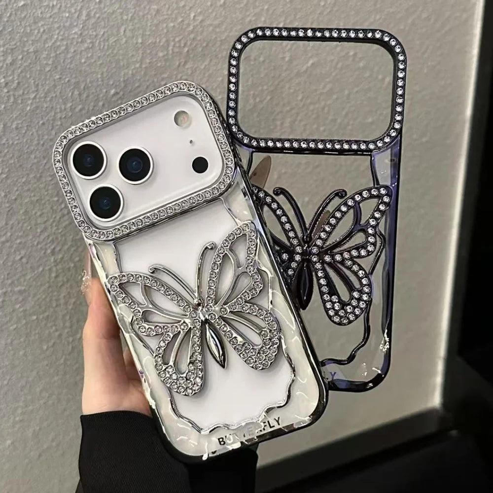 Plating Butterfly Hollow Glitter Diamond Case For iPhone 17 16 15 14 13 Pro Max Plus Bling Sparkling Rhinestone Shockproof Cover