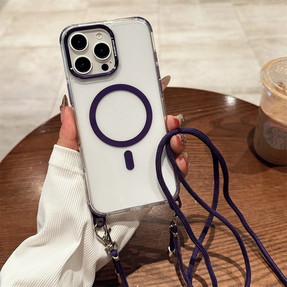 Crossbody Lanyard Necklace Transparent Magnetic For Magsafe Phone Case for iPhone 15 11 12 13 14 16 Pro Max Plus Anti-lost Cover