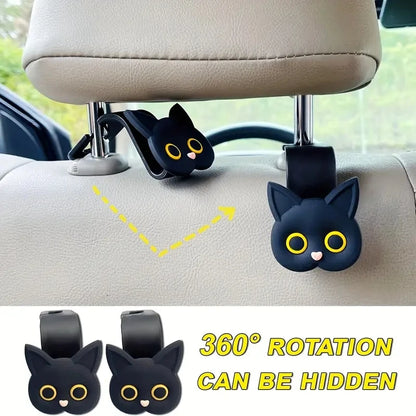 2pcs Adorable 3D Cartoon Cat Car Seat Headrest Hooks - Universal Vehicle Storage Organizer for Handbags, Purses, Coats - Cute Cat