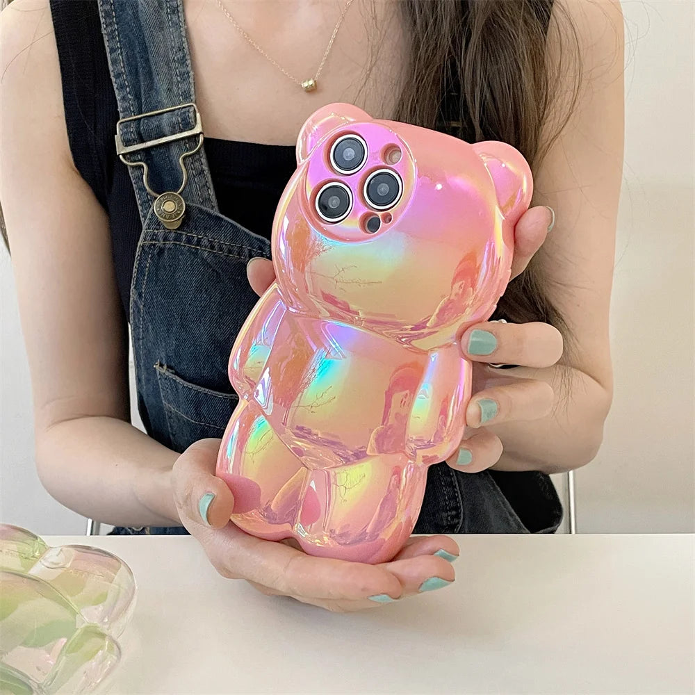 Ins Cute 3D Aurora Cartoon Bear Case For iPhone 11 13 12 14 15 16 Pro Max 16 Plus Colorful Laser Rainbow Gradient Soft Cover