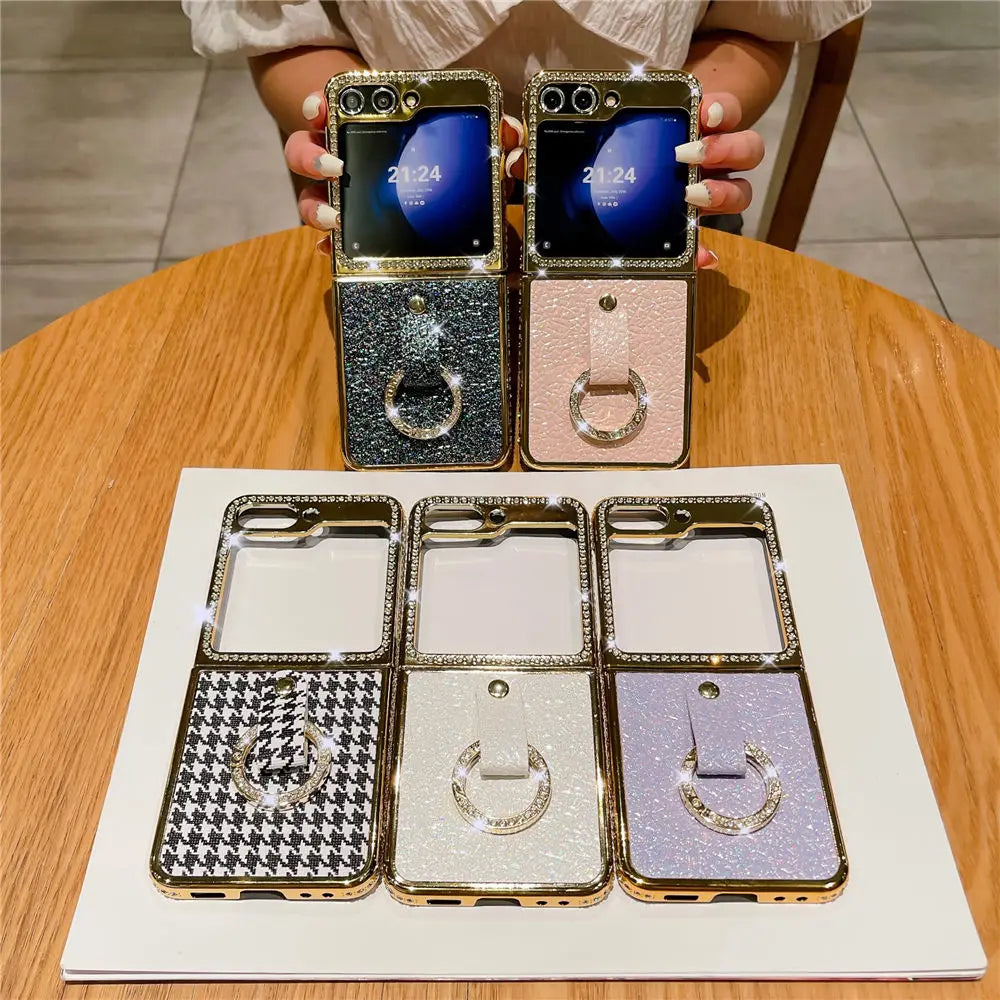 Leather Plating  Ring Phone Case For Samsung Galaxy Z Flip 7 6 Flip 5 Zflip 4 3 Bling Diamond Shockproof Cover Funda