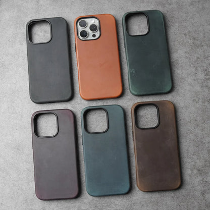 YMW Scratc Crazy Horse Genuine Leather Case for iPhone 16 15 Pro Max Plus 14 13 mini Magnetic PULL-UP Cowhide Phone Cover