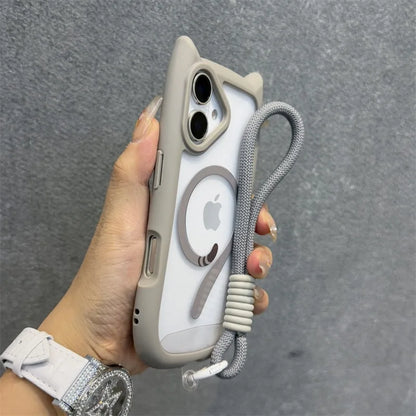 Cute Cat Ear Magsafe Case for iPhone 13 14 15 16 Pro Max 11 12 15 16 Plus Transparent PC TPU Armor Cover with Wrist Strap Chain