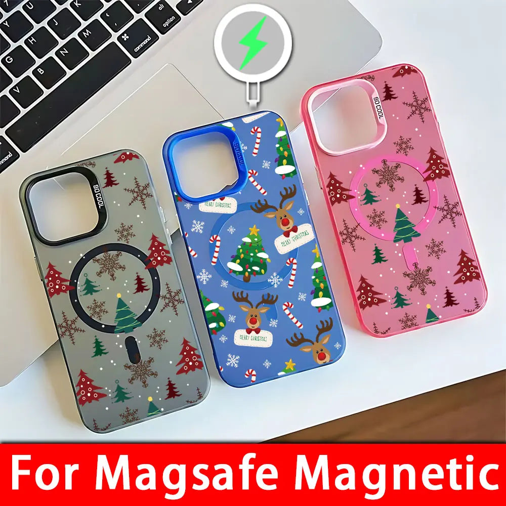 Christmas Pattern Magsafe Magnetic Case for iPhone 11 12 13 14 15 16 Pro Max Plus Soft Silver Plated Anti Fall Cover