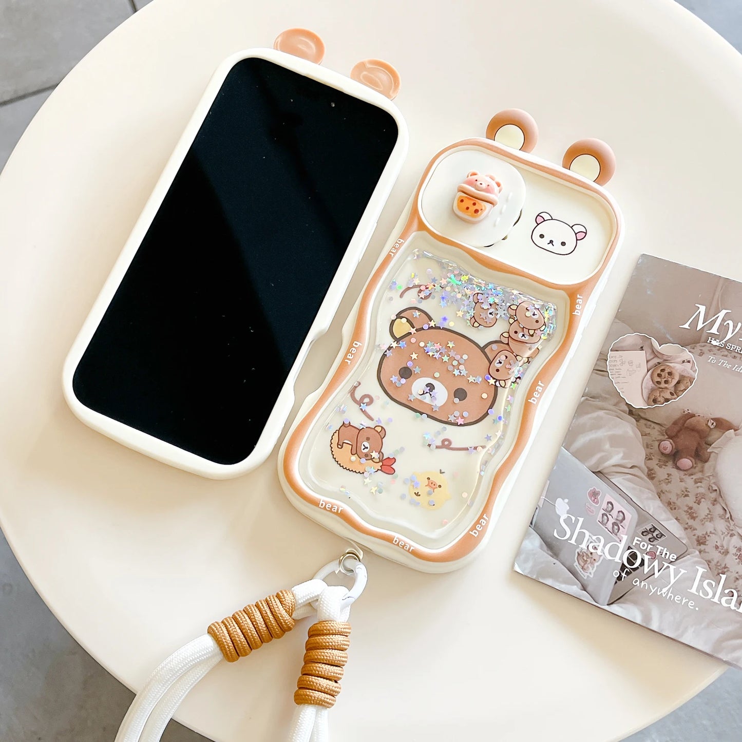 Phone Case For IPhone 17 17Pro 17ProMax 12 13 16 15 14 11 Pro Max Plus Quicksand Ears Rilakkuma Sliding Window Phone Back Cover