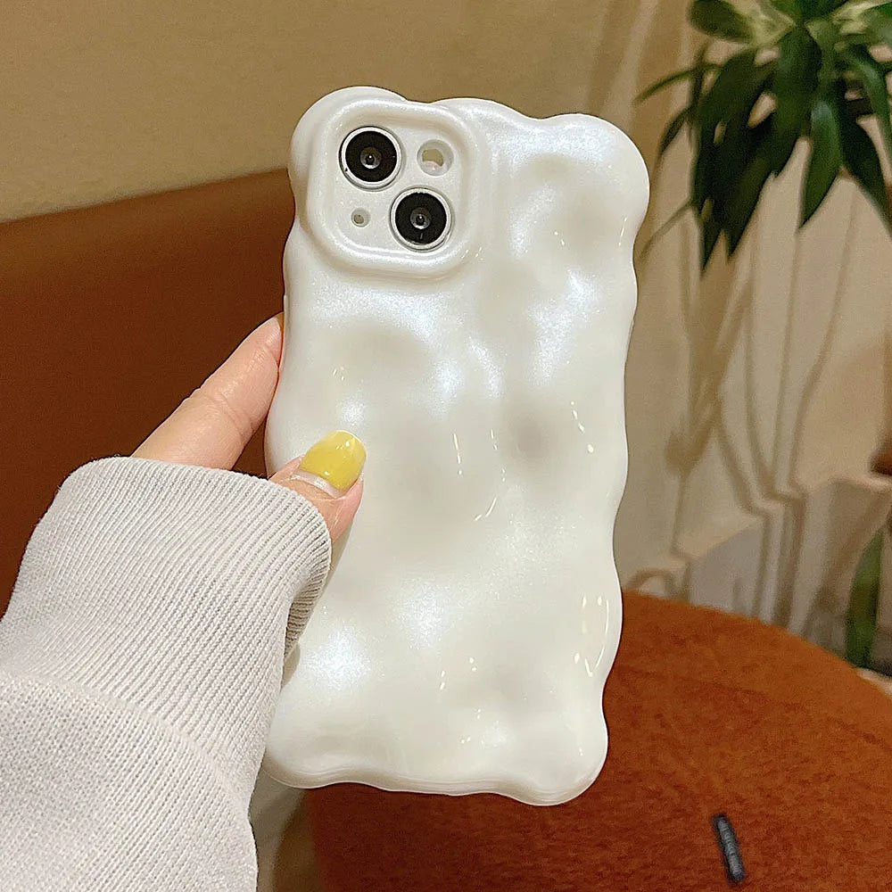 Japan Korea 3D Meteorite Pearl Cream White Soft IMD Phone Case For iPhone 14 15 16 13 12 Pro Max 11 Fashion Wave Bumper Cover