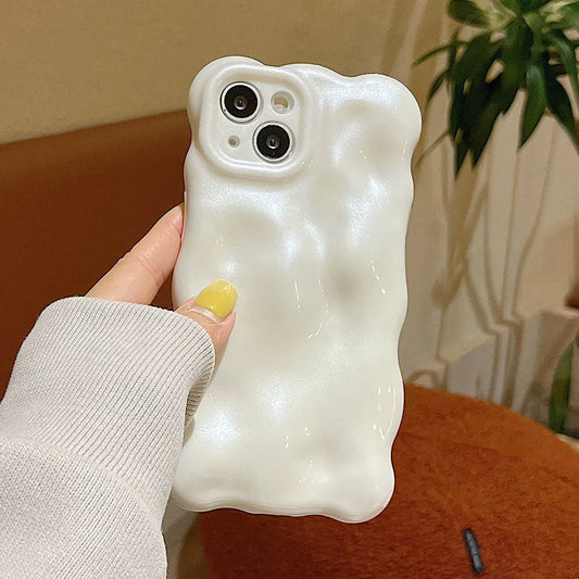 Japan Korea 3D Meteorite Pearl Cream White Soft IMD Phone Case For iPhone 14 15 16 13 12 Pro Max 11 Fashion Wave Bumper Cover