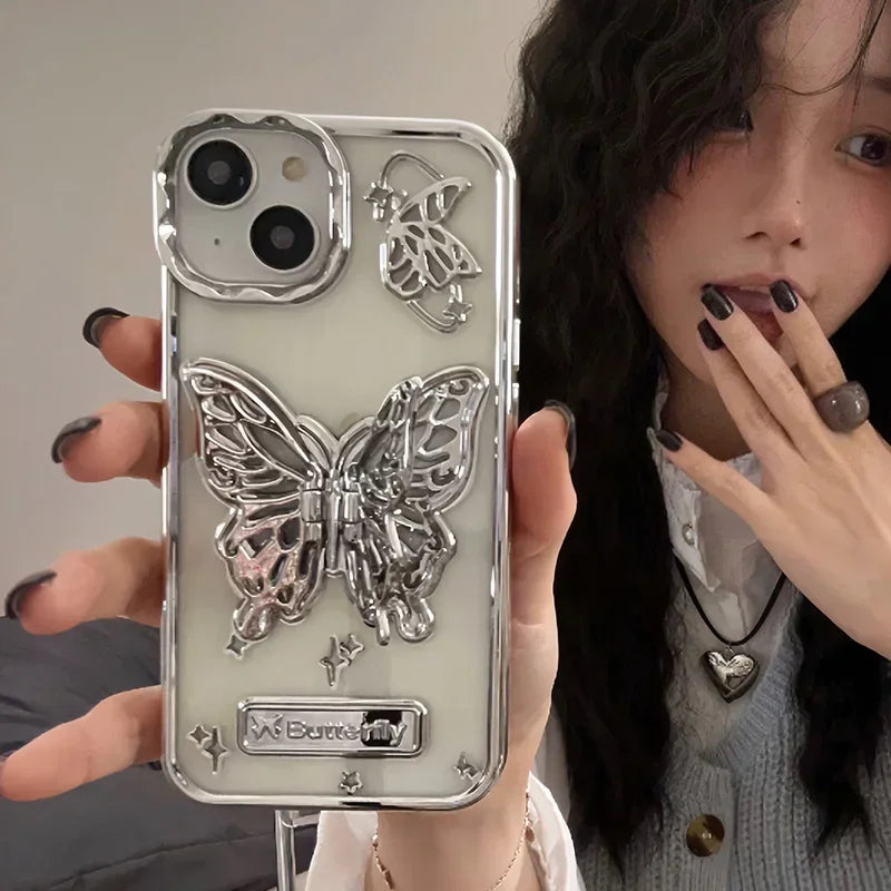 Butterfly Stand Plating Phone Cases For IPhone 16 15 Pro Max 14 13 12 11 Gradient Glitter Protect Shockproof Back Cover