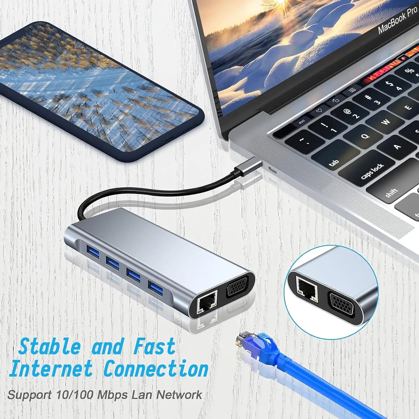 USB C HUB, USB C Adapter Dongle with 4K HDMI/VGA/Type C PD/RJ45/ SD/TF Card Reader For MacBook Pro/Air M1 iPad