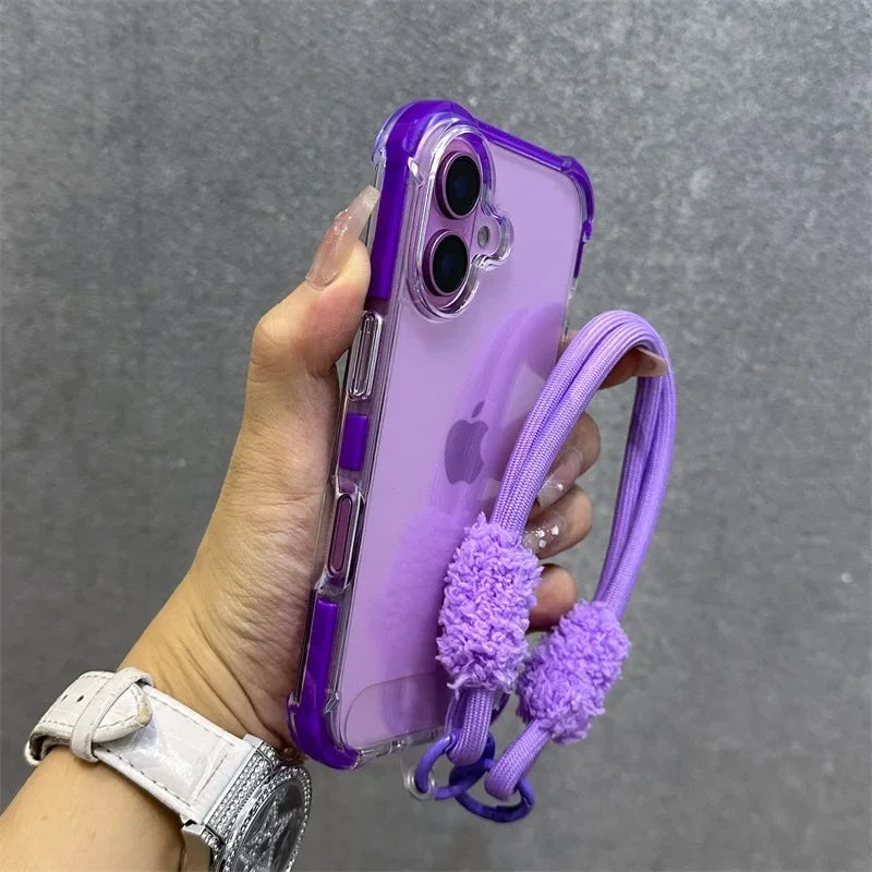 Hybrid Color Transparent Armor Case For iPhone 16 15 14 11 12 13 Pro Max Plus X Xr Xs Plush Wrist Strap Airbag Shockproof Cover