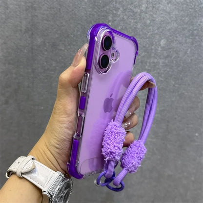 Hybrid Color Transparent Armor Case For iPhone 16 15 14 11 12 13 Pro Max Plus X Xr Xs Plush Wrist Strap Airbag Shockproof Cover