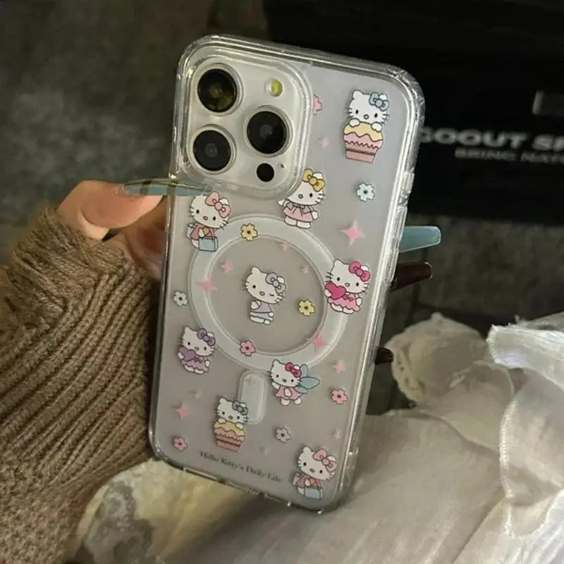 Cute Hello Kitty Magnetic Grip Holder Magsafe Wireless Charge Phone Chain Case For iPhone 16 15 12 Pro Max 14 Plus 13 Mini Cover