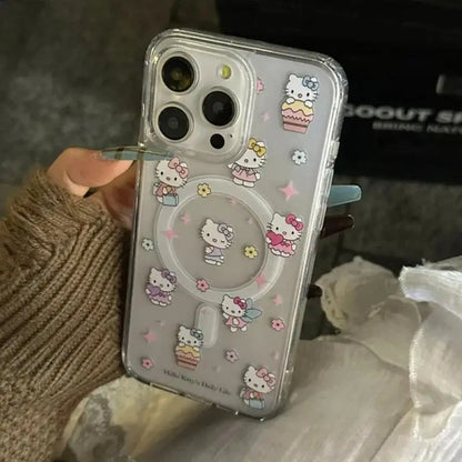 Cute Hello Kitty Magnetic Grip Holder Magsafe Wireless Charge Phone Chain Case For iPhone 16 15 12 Pro Max 14 Plus 13 Mini Cover